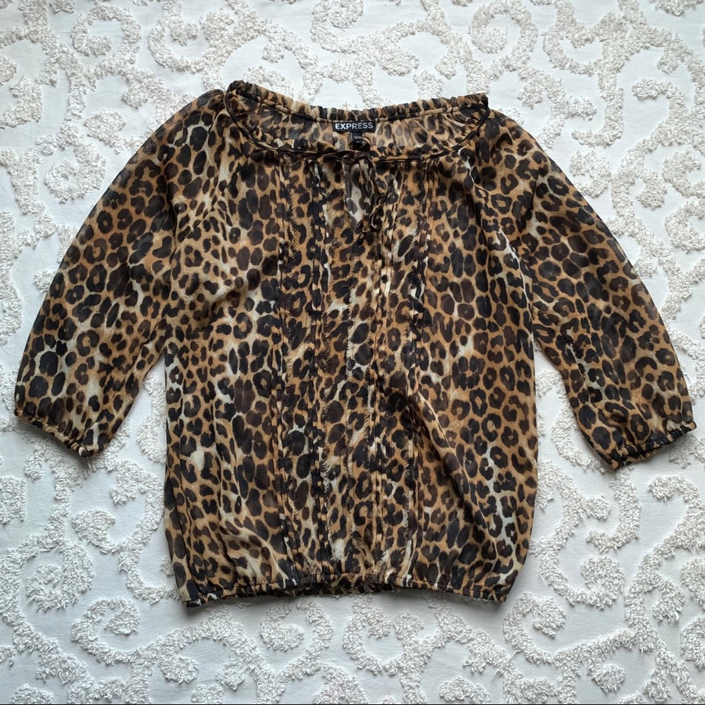 Sheer Leopard Print Tuxedo Blouse w tie small